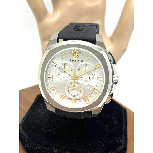 Versace Men's Watch VE7CA0123 Swiss Quartz Chronograph Silver Black Rubber 43mm - Picture 1 of 16